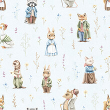 Seamless Pattern With Vintage, Variety Of Cute Animals In Clothes And Meadow Dried Flowers On Blue Paper Texture Background. Watercolor Hand Drawn Illustration Sketch