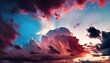 Dark red clouds on evening sunset with lights, romantic sky