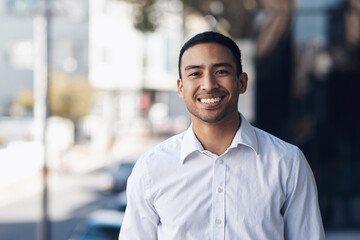 Poster - Happy, smile and portrait of business man in city for corporate, professional and natural. Happiness, entrepreneur and pride with face of male employee in outdoors for mindset, career and positive
