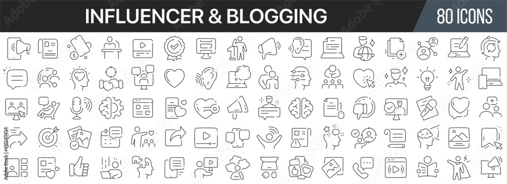 Influencer and blogging line icons collection. Big UI icon set in a ...