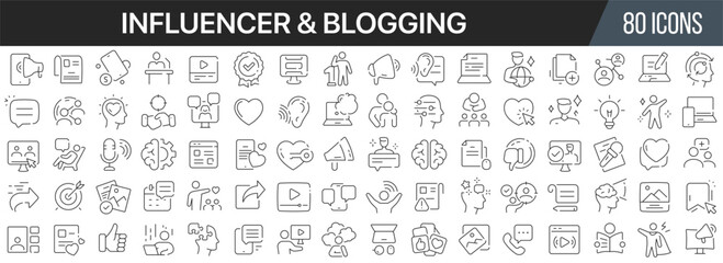 Influencer and blogging line icons collection. Big UI icon set in a flat design. Thin outline icons pack. Vector illustration EPS10