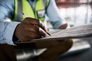 Aufkleber - Man, architect and hands writing on checklist for inventory, inspection or construction paperwork on site. Hand of male contractor working on documents for planning, architecture or idea strategy