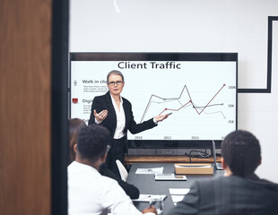 Wall Mural - Business woman, marketing and presentation on screen in strategy meeting or coaching team at office. Female person, CEO or coach training staff on technology display, graph or chart data at workplace