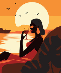 Wall Mural - beach scene. Resort summer vacation. a young woman in a beautiful evening dress sits on the seashore holding a glass in her hands against the backdrop of a seascape and sunset, evening beach. Vector i