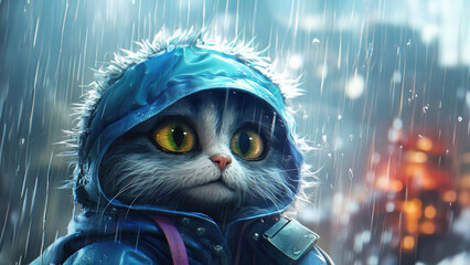 Adorable cute kitten with large eyes outside in future cyber city soaking wet from the rain storm. Whimsical sweet cat portrait in a sci-fi fantasy world setting - generative AI