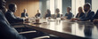 © vlntn - Panoramic view of business meeting in boardroom office interior. Selective focus. Big table with colleagues discussing work project. Horizontal banner with copy space. AI generative image.