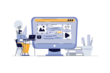 Wall Mural - concept web design with people scene in the flat cartoon design. a web designer reviews the design o