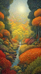 Wall Mural - Beautiful autumn landscape with colorful trees and woman walking along the river. Vertical digital painting. Generative AI