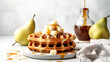 Belgian handmade waffles with caramel and pears on white table with pouring topping. Generative AI
