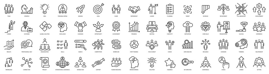 Business teamwork, team building and human resources line icons. Vector illustration