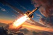 The illustration of a supersonic or hypersonic rocket launched from the ground goes through the sunset clouds, leaving behind flames and smoke in its wake. Generative Ai. 