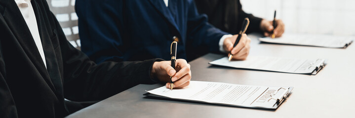 Wall Mural - Panorama view of corporate executives sign joint business contract in boardroom, negotiating partnership agreement for collaboration. Professional agreement between big corporations. Prodigy