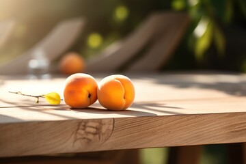 Wall Mural - ripe picked apricots on a wooden table in an orchard. eco fruits generative ai,