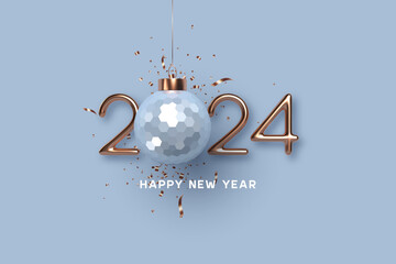 Wall Mural - 2024 New Year greeting card. 3d metallic golden or copper with blue numbers and glossy ball on blue background. Gold realistic 2024. Vector illustration.
