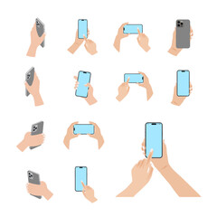 Wall Mural - Hand holds the mobile phone in horizontal and vertical positions with blank screen in different positions. Female arm is touching smartphone display with finger. Presenting smartphone. Vector.