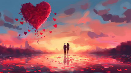 Wall Mural - Illustration with couple in love, floating hearts and sunrise in the background