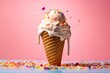 Ice cream melting in a waffle cone. Beautiful illustration picture. Generative AI