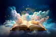 © Saulo Studio - Open magic book book bursting with sparking magic, light in the night sky, starry sky and clouds, whimsical magic. Generative Ai.