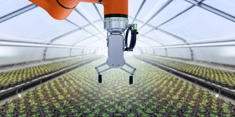 Sticker - Robot arm is working in a greenhouse. Smart farming and digital agriculture