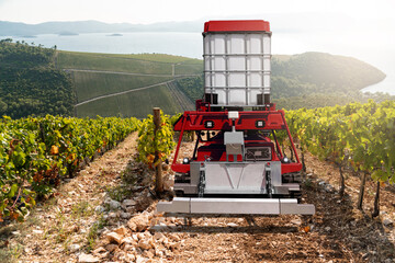 Sticker - Autonomous robot sprayer works in a vineyard. Smart farming concept