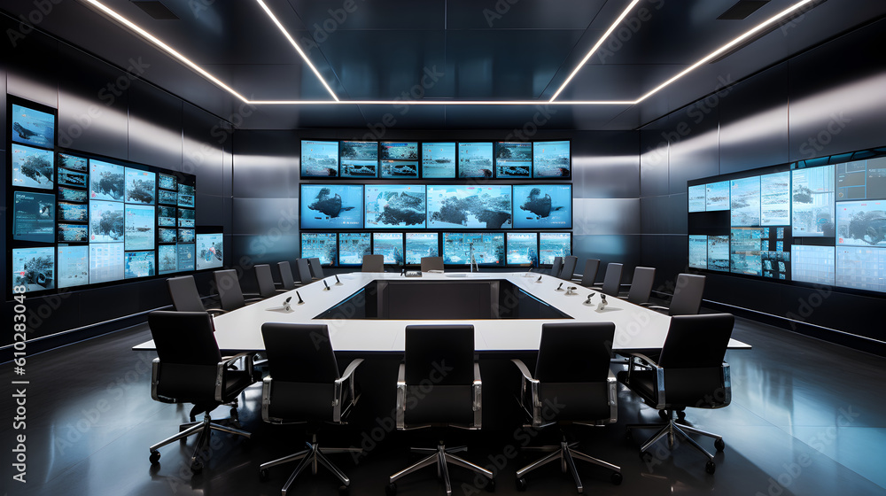 Conference Room Control Graphics A sleek and modern conference room with a large video wall displaying ...