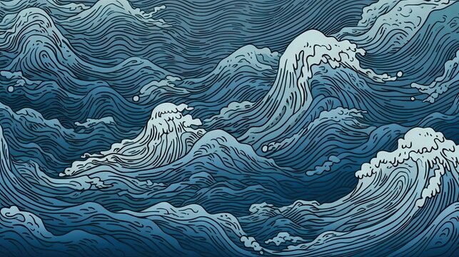 Wall Mural -  - Japanese traditional Ukiyo-e blue and white ocean with big waves Abstract, Elegant and Modern AI-generated illustration