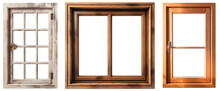 Three Large Wooden Window Frames In Different Colors With Transparent Windows On A Transparent Background, Generative AI