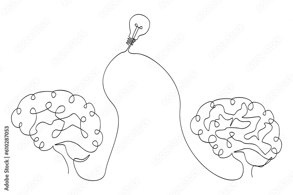 simple vector sketch human brain and bulb lamp idea, single one line ...