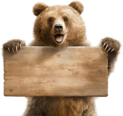 smiling brown bear holding a blank sign, no background/transparent background