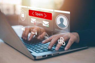 Email concept with laptop spam and virus computer monitor internet security concept, businessman reading electronic mail with a laptop. Spam, junk and e-marketing on screen, Spam Email Pop-up Warning.
