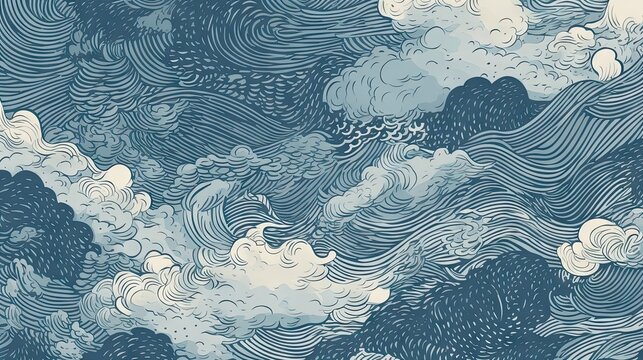 Wall Mural -  - Traditional Japanese Ukiyo-e scene of intense blue and white waves Abstract Elegant Modern AI-generated illustration