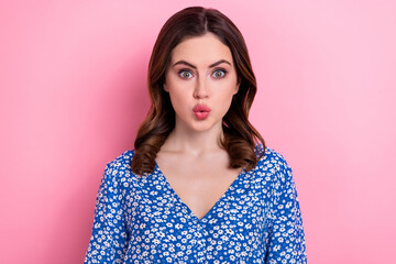 Sticker - Photo of adorable impressed woman with wavy hairdo dressed blue blouse astonished staring pouted lips isolated on pink color background