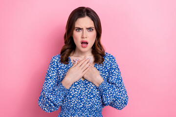 Poster - Portrait of crazy impressed lady wear blue trendy clothes arms breast shocked negative news information isolated on pink color background