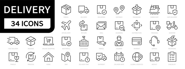 Delivery line icons set. Delivery, Parcel, Shipping, Cargo, Logistics, Box, Courier, Truck outline icon collection. Vector