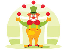 Circus Clown Performer In Classic Outfit With Red Nose And Make Up Performing Juggling With Balls At The Circus. Vector Illustration