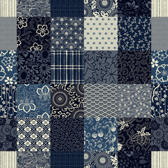 Wall Mural - blue traditional japanese fabric patchwork wallpaper vintage vector seamless pattern
