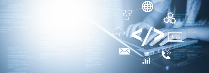 businessman hand touch with code html and programming on screen laptop,programmer development comput