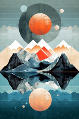 Sticker - Collage with geometric patterns and nature, abstraction - sea and mountains. Ai illustration, fantasy digital, Generative AI