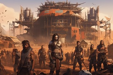 Wall Mural - post apocalyptic world tribes illustration generative ai