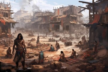 Wall Mural - post apocalyptic world tribes illustration generative ai