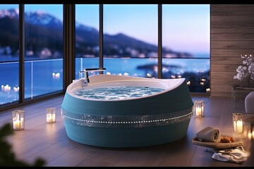 Wall Mural - Step into the Jacuzzi of tomorrow, where smart temperature control, customizable massage patterns, and integrated soundscapes cocoon you in a world of rejuvenation illustration generative ai