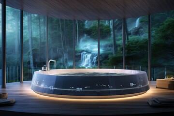 Wall Mural - Step into the Jacuzzi of tomorrow, where smart temperature control, customizable massage patterns, and integrated soundscapes cocoon you in a world of rejuvenation illustration generative ai