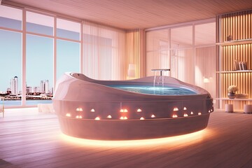 Wall Mural - Step into the Jacuzzi of tomorrow, where smart temperature control, customizable massage patterns, and integrated soundscapes cocoon you in a world of rejuvenation illustration generative ai