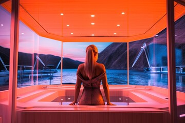 Wall Mural - woman in a Jacuzzi bath tube of the future illustration generative ai