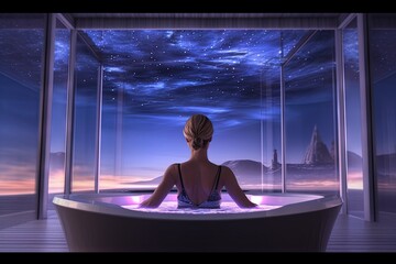 Wall Mural - woman in a Jacuzzi bath tube of the future illustration generative ai