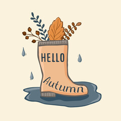 Wall Mural - Autumn background with lettering Hello Autumn hand draw. Set of autumn elements leaves