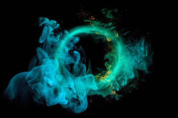 Wall Mural - Circle Of Neon Turquoise With Smoke On Bright Background. Generative AI