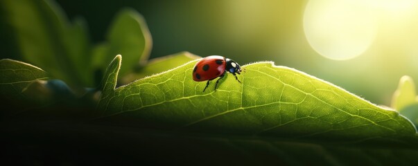 Beautiful nature banner background with morning fresh grass and ladybug. Ai generative.