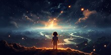 Fantasy Illustration, A Girl At Cliff With Starry Sky Over City Lights As Background, Child Dream And Hope Concept, Generative Ai