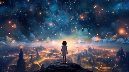 Wall Mural - fantasy illustration, a girl at cliff with starry sky over city lights as background, child dream and hope concept, Generative Ai